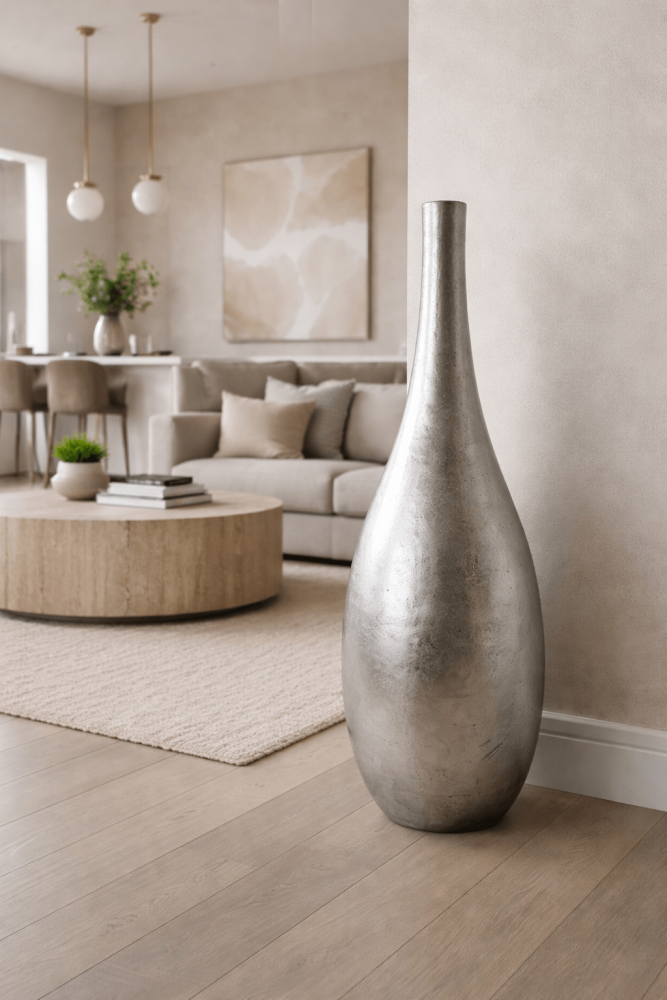 Vase design en terracotta argentée – sculpture décorative moderne pour intérieurs élégants